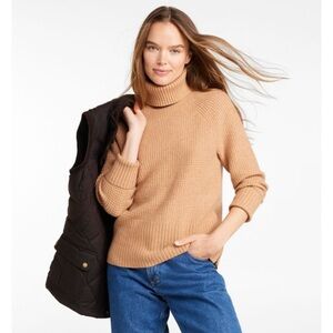 L.L.Bean Tan Super Soft Waffle Turtleneck Sweater with Side Zips (Size Large)